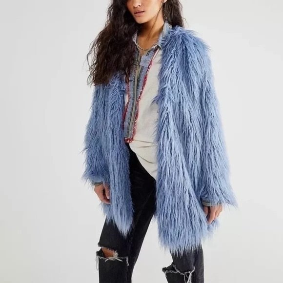 Free People Renata Fur Coat Jacket Oversized Taylor Swift Size XS NWT Blue Lined - Picture 2 of 7